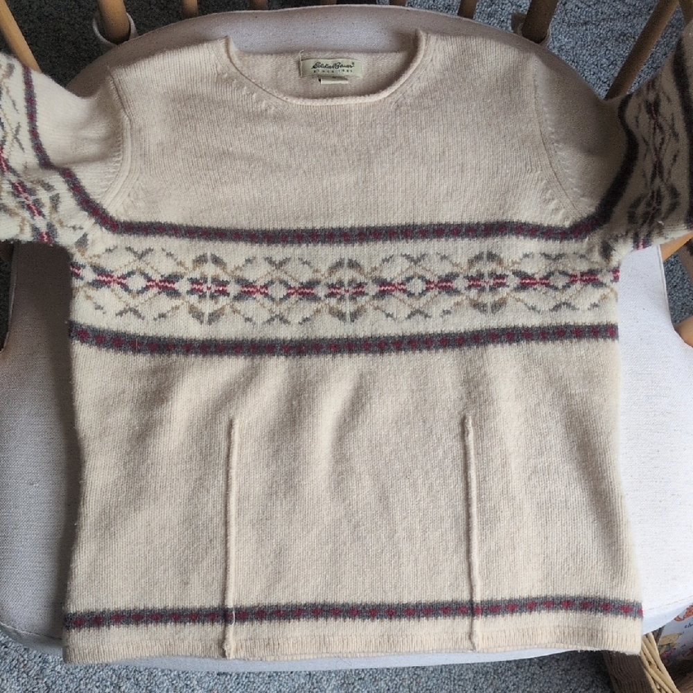 Eddie Bauer | 100% LAMBSWOOL Cream and Brown Patterned Sweater